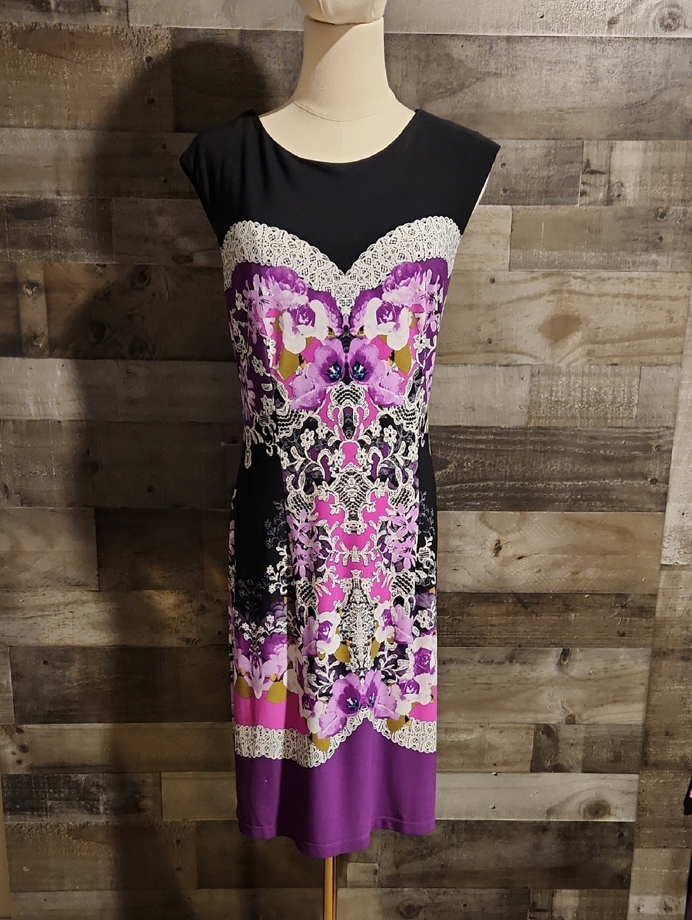London Times Black and Purple Floral Cap-Sleeve Midi Dress - Label Size 14
